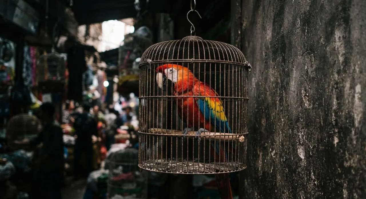 Pappagallo colorato in una gabbia, simbolo del commercio di animali esotici.