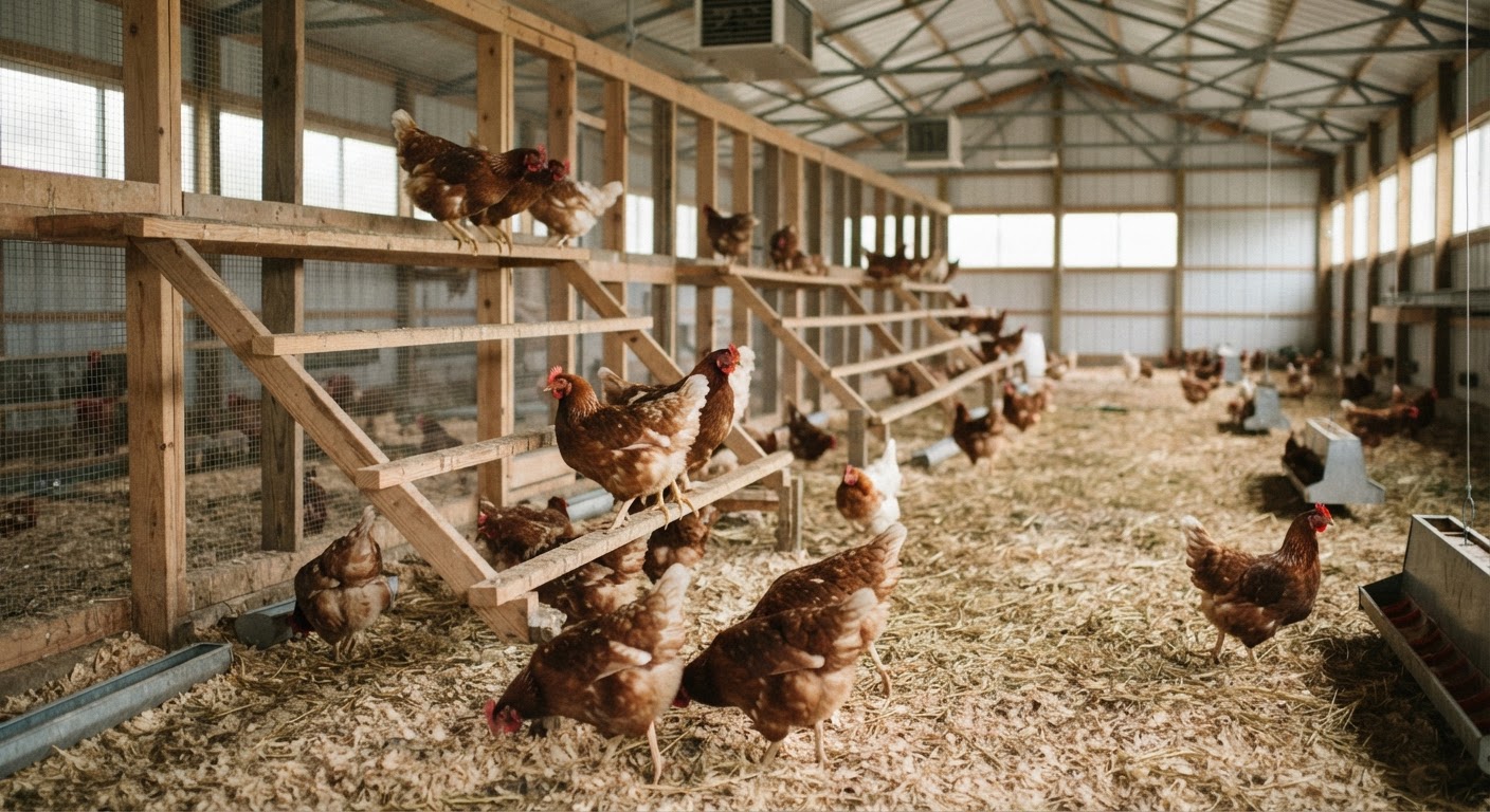 Des poules évoluant dans un bâtiment aménagé, avec des perchoirs et des zones de grattage, typique d'un élevage « sans cage ».