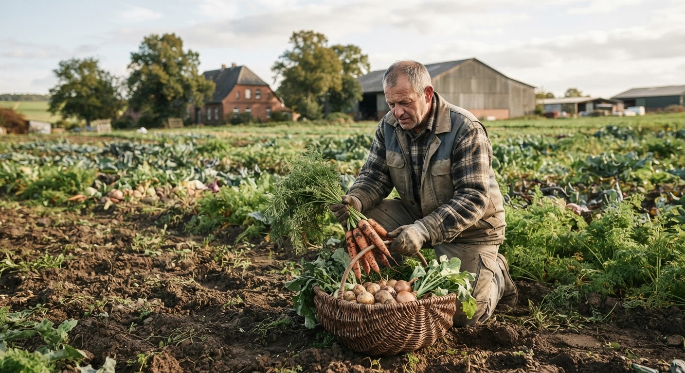 Deutscher Landwirt mit saisonalem Gemüse auf einem Feld