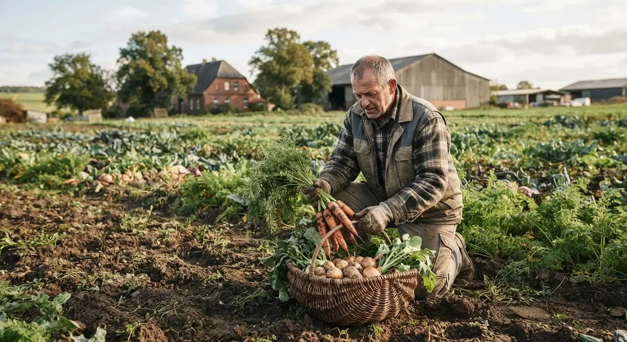 Deutscher Landwirt mit saisonalem Gemüse auf einem Feld