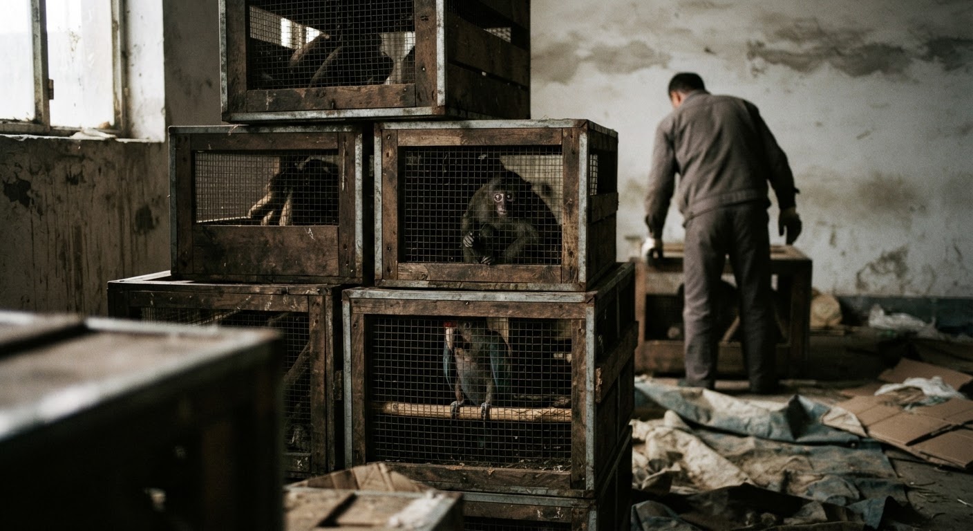Animali selvatici stipati in gabbie di trasporto, un destino comune nel commercio esotico.