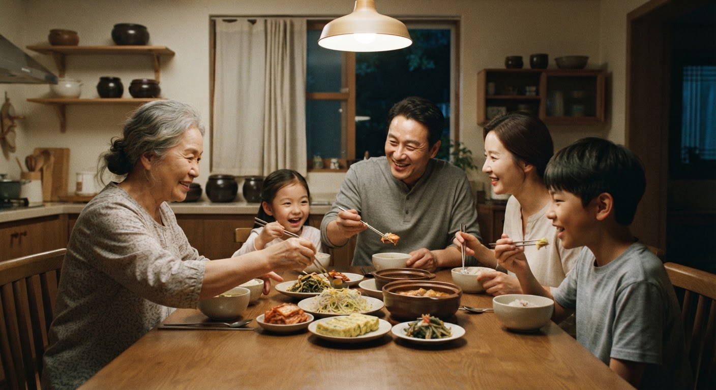 한국 가족이 식탁에 둘러앉아 식사하는 모습