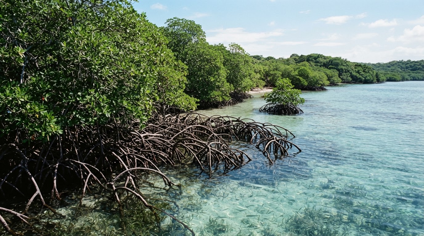 Un bosque de manglares prístino en una costa con aguas cristalinas.