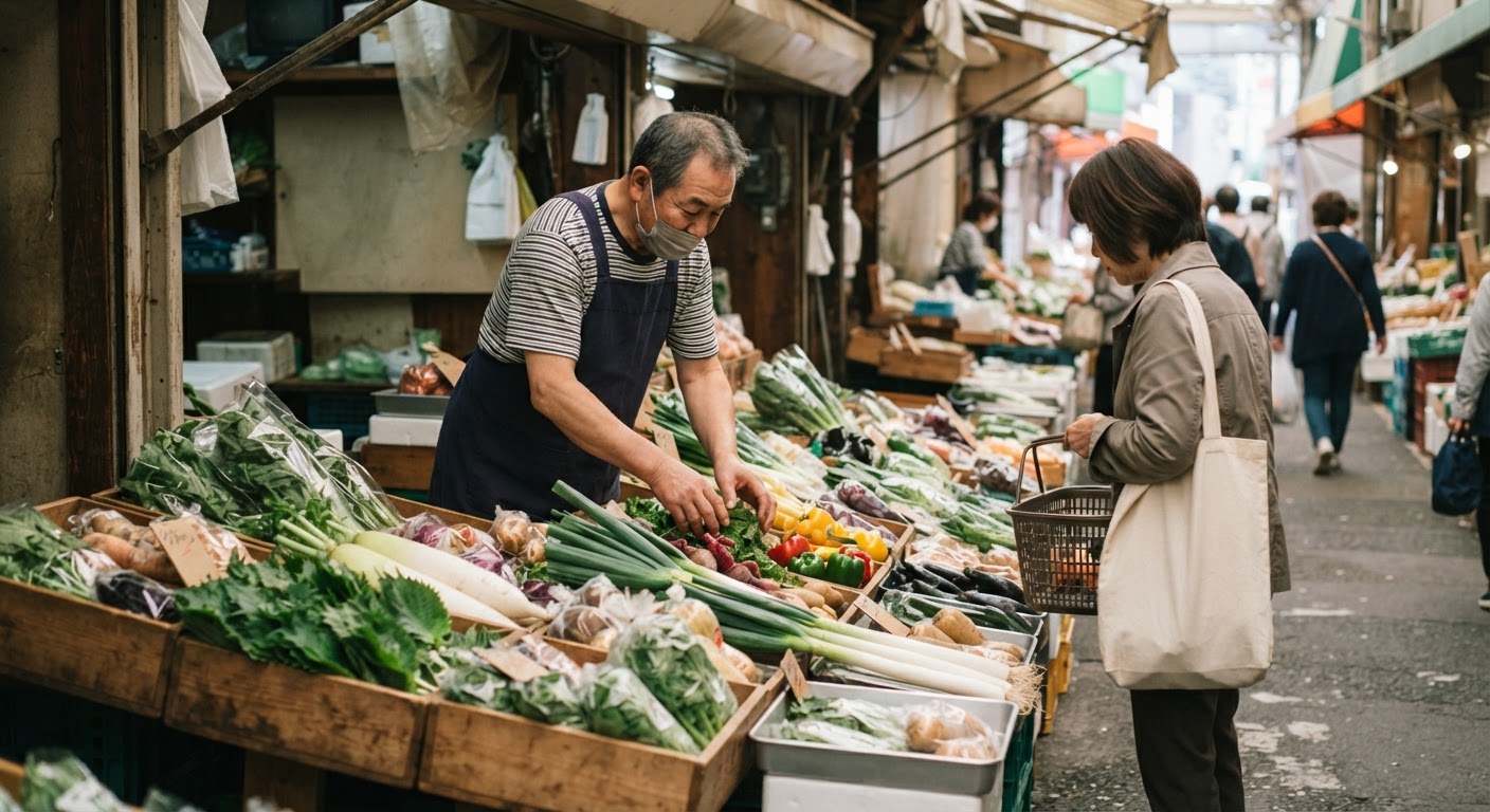 東京の市場に並ぶ新鮮な旬の野菜