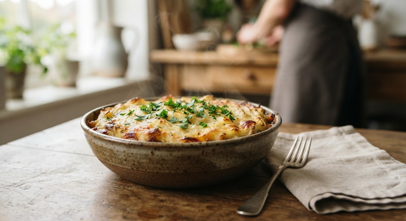 A steaming, golden-topped vegan shepherd's pie served in a ceramic bowl, garnished with fresh parsley.