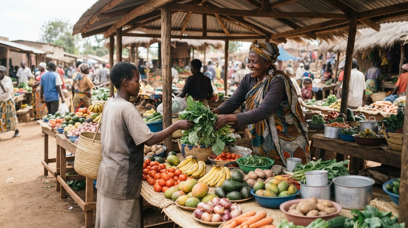 Mama akiuza mboga na matunda katika soko la asili Afrika Mashariki