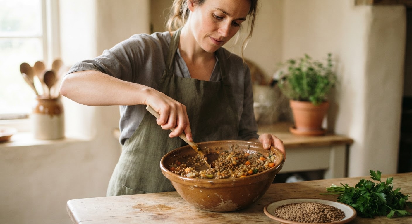 Brown lentils, a powerhouse of protein and fibre, form the hearty base of the vegan filling.