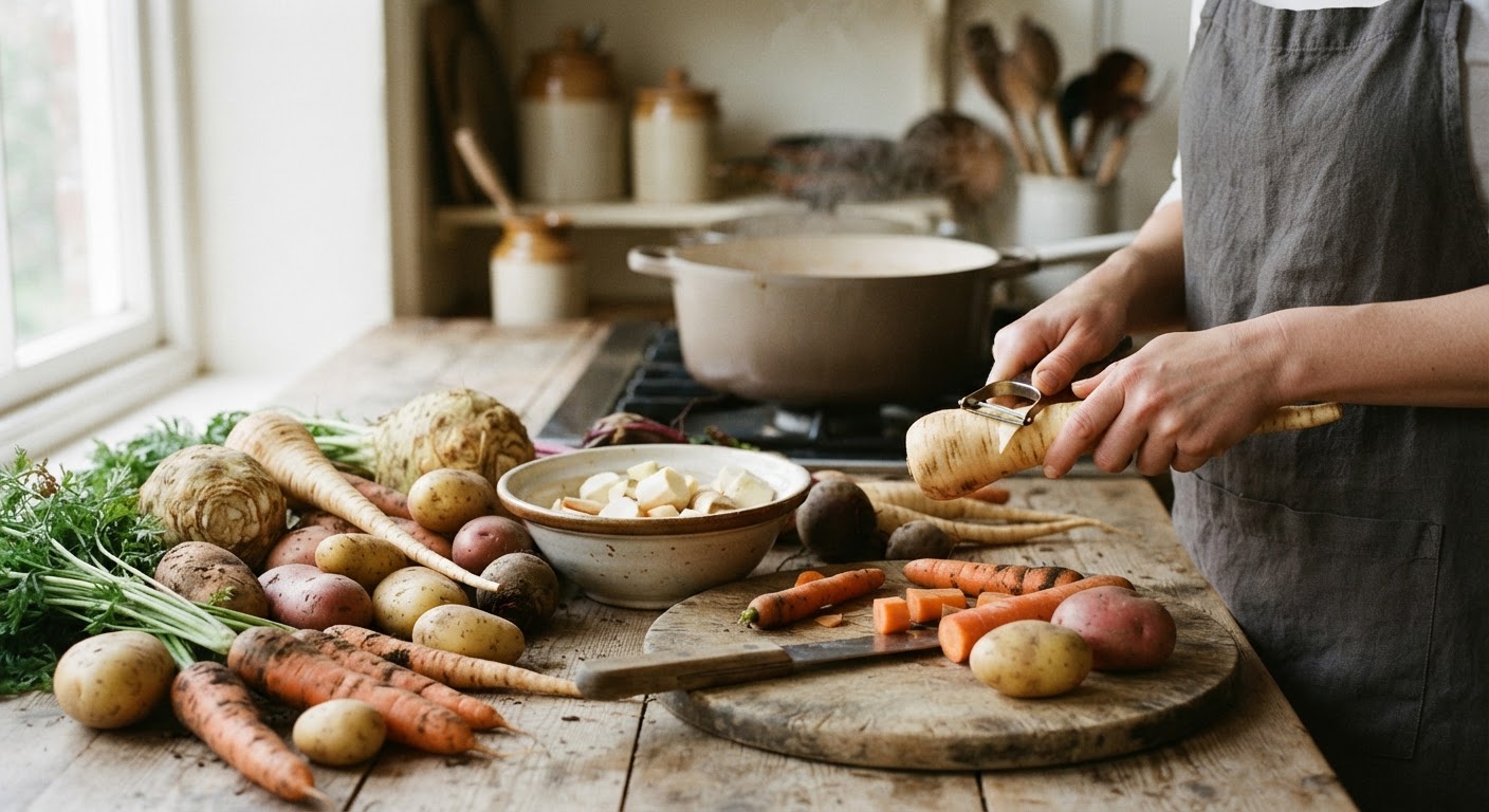 A colourful assortment of root vegetables, perfect for the creamy topping of a vegan shepherd's pie.