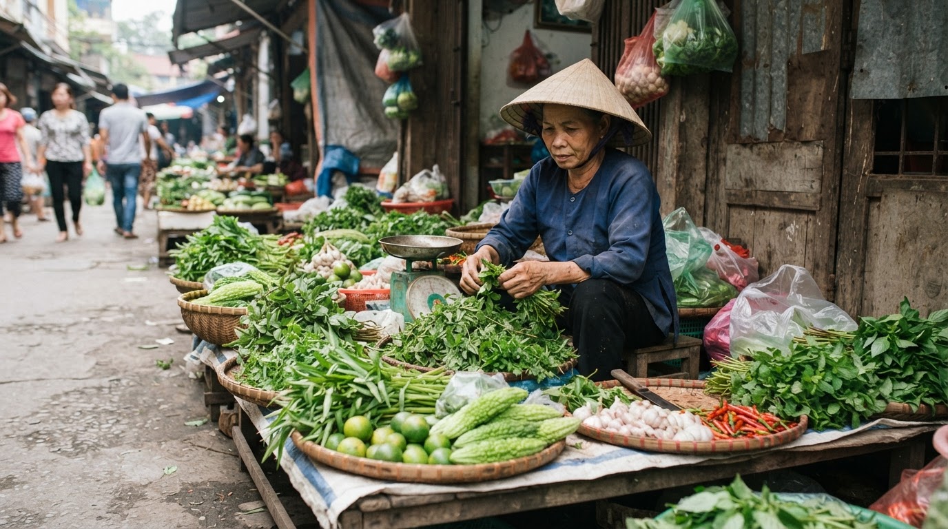 Quầy hàng chợ Việt Nam bán rau thơm và rau củ tươi