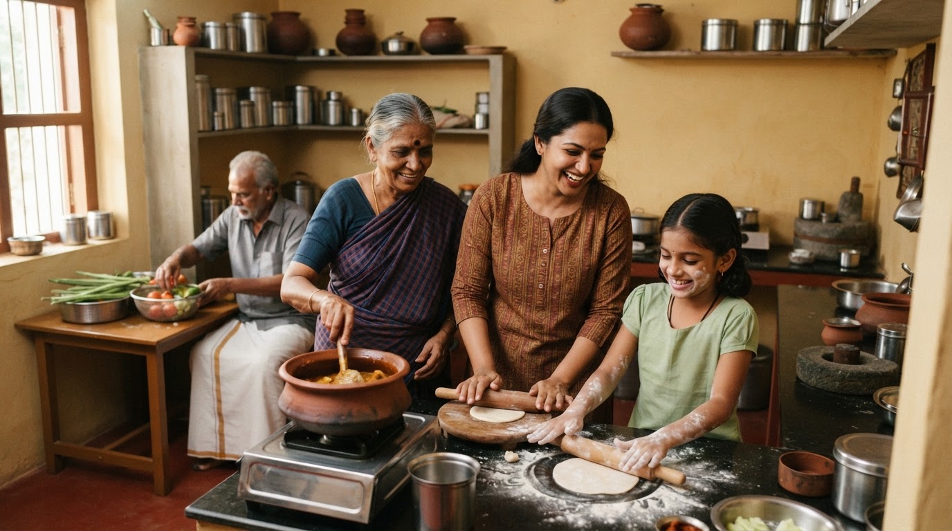 தமிழ் குடும்பம் வீட்டு சமையலறையில் ஒன்றாக சமைக்கிறார்கள்