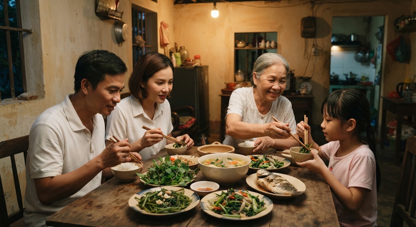 Bữa cơm gia đình ấm cúng với nhiều món rau củ tươi ngon, phản ánh văn hóa ẩm thực Việt Nam.