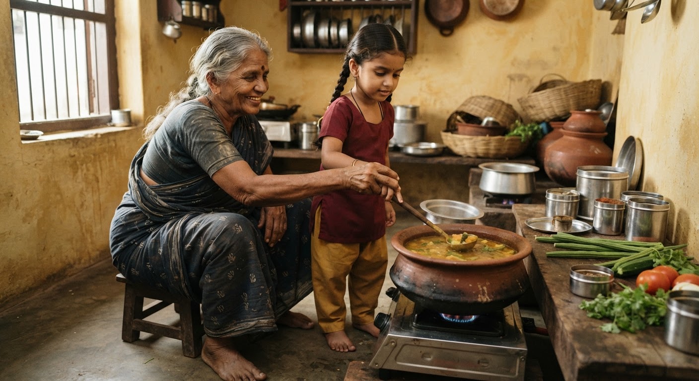 பாரம்பரிய சமையல் கலையை அடுத்த தலைமுறைக்குக் கடத்தும் ஒரு தாத்தா-பேத்தி.