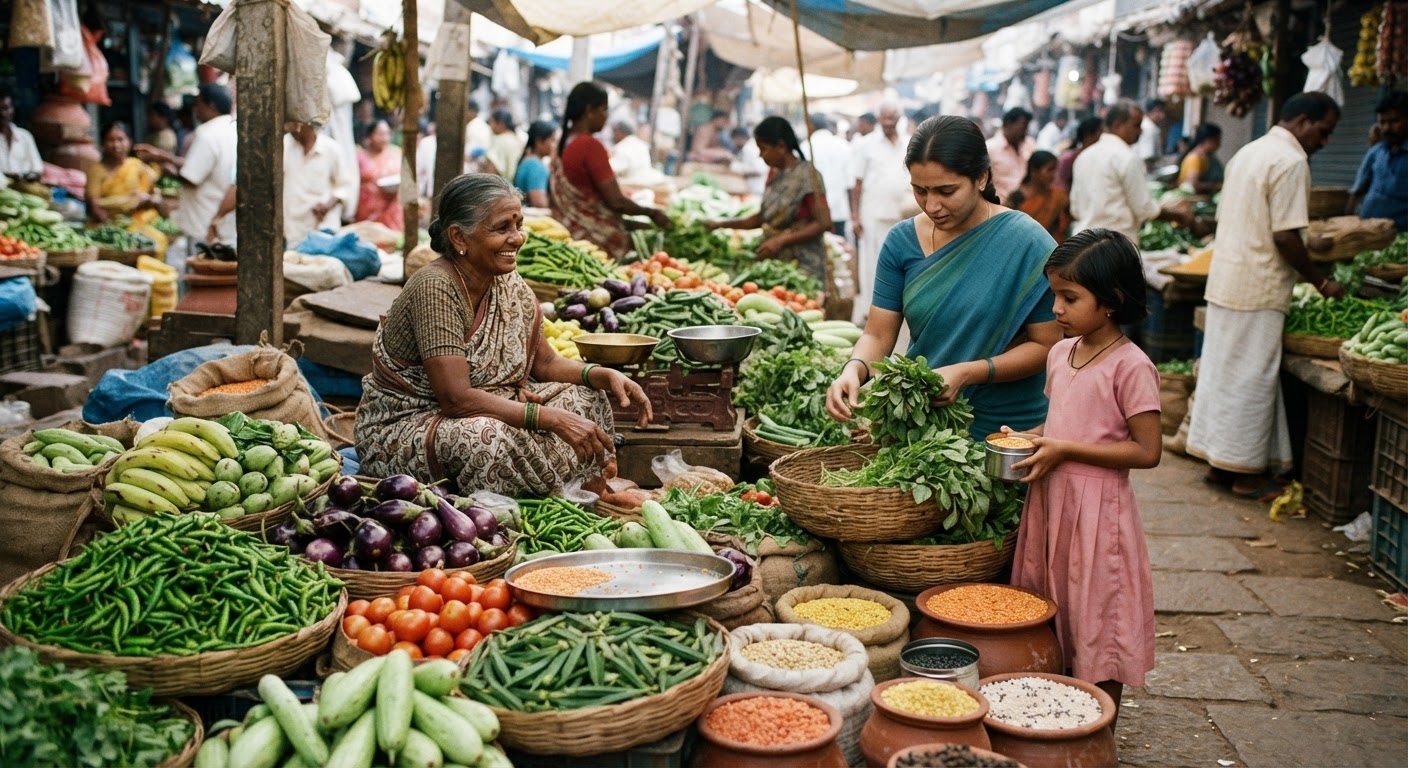உள்ளூர் சந்தைகளில் கிடைக்கும் புத்தம் புதிய காய்கறிகள் மற்றும் பருப்பு வகைகள்.