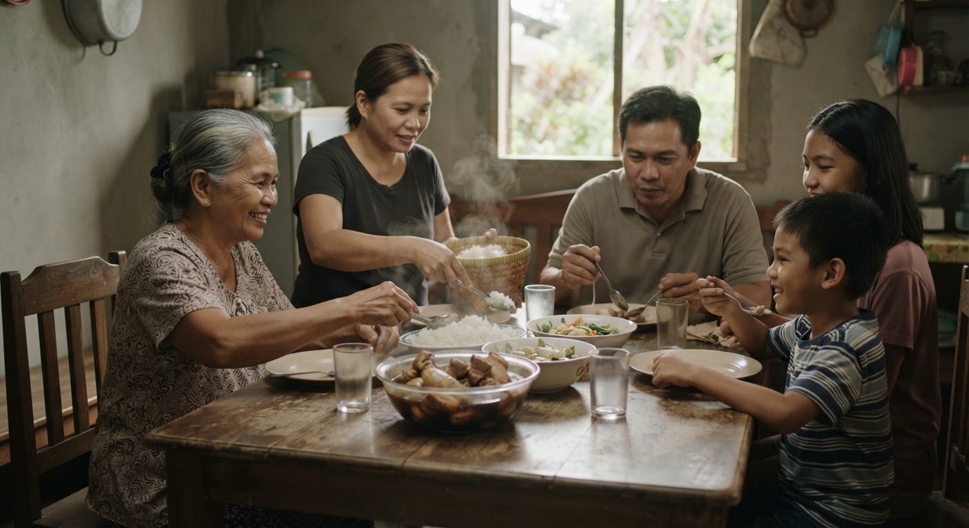 Isang pamilyang Pilipino na kumakain ng adobo sa isang mesang kahoy.