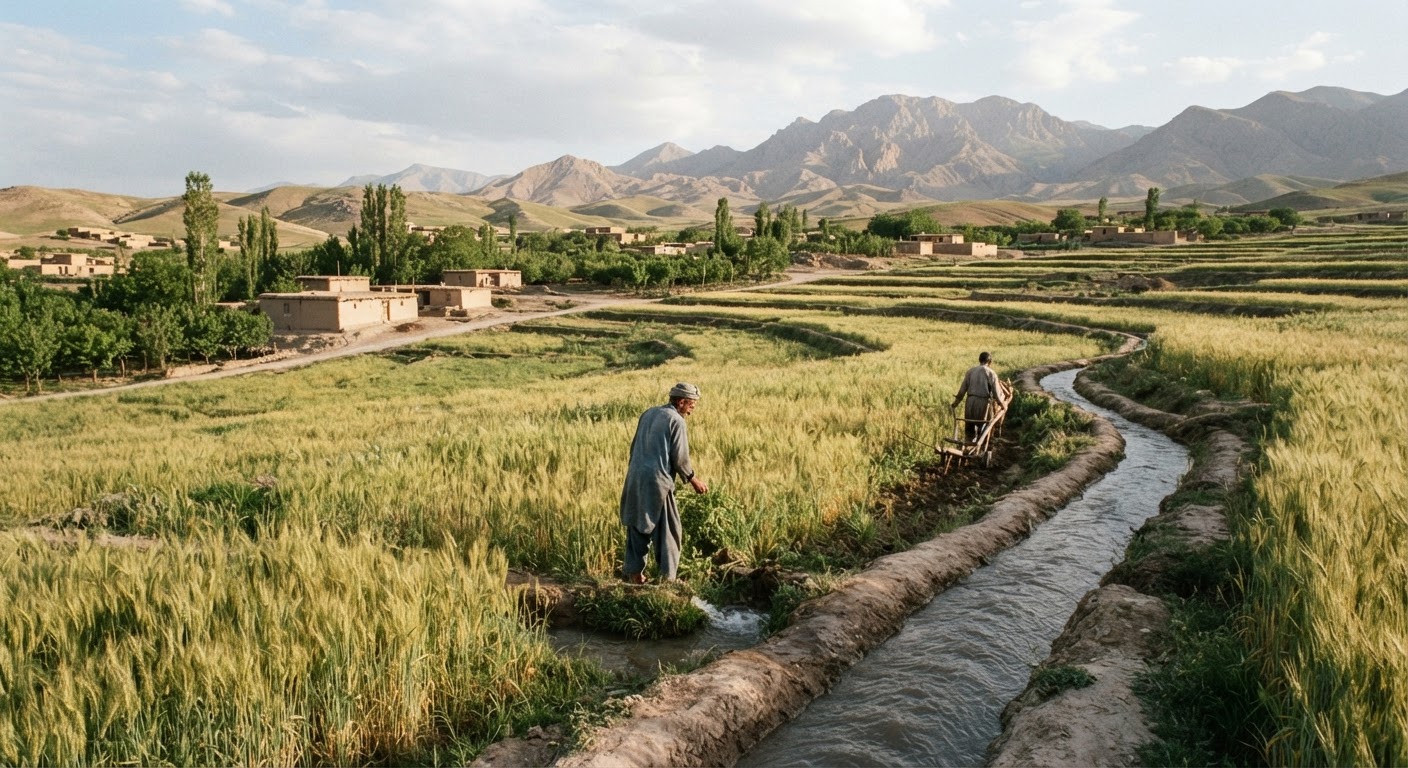 چشمانداز روستایی ایران با مزارع گندم و کانالهای آبیاری