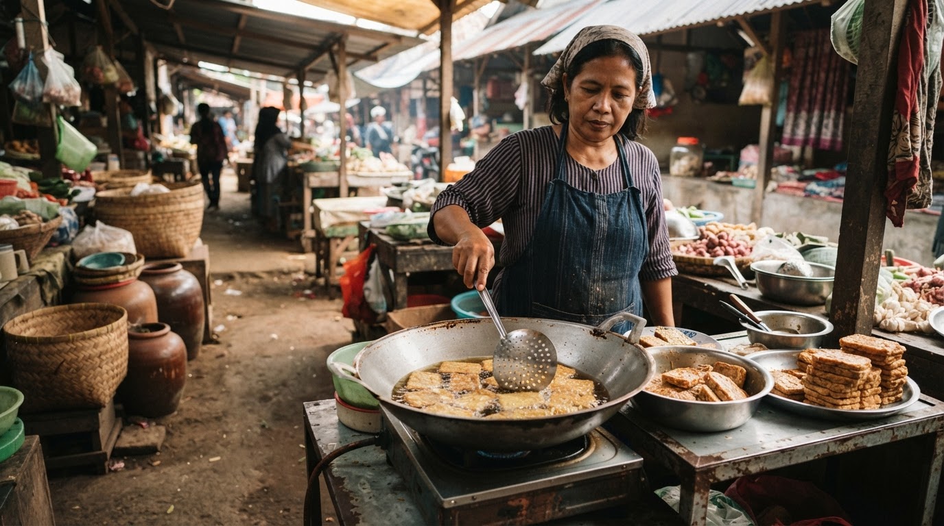 Tempe sedang digoreng di wajan di pasar tradisional Indonesia.