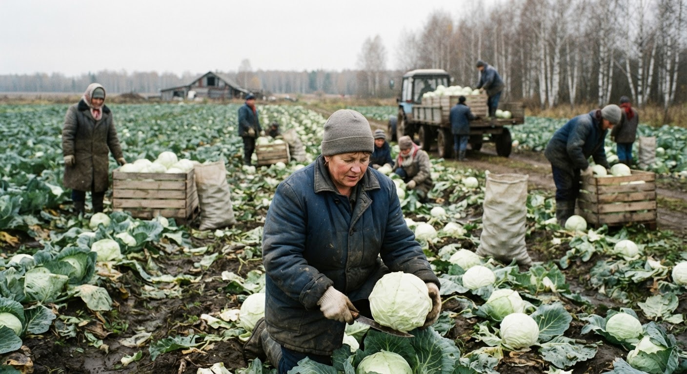 Сбор урожая белокочанной капусты — ключевого продукта для зимнего веганского рациона.