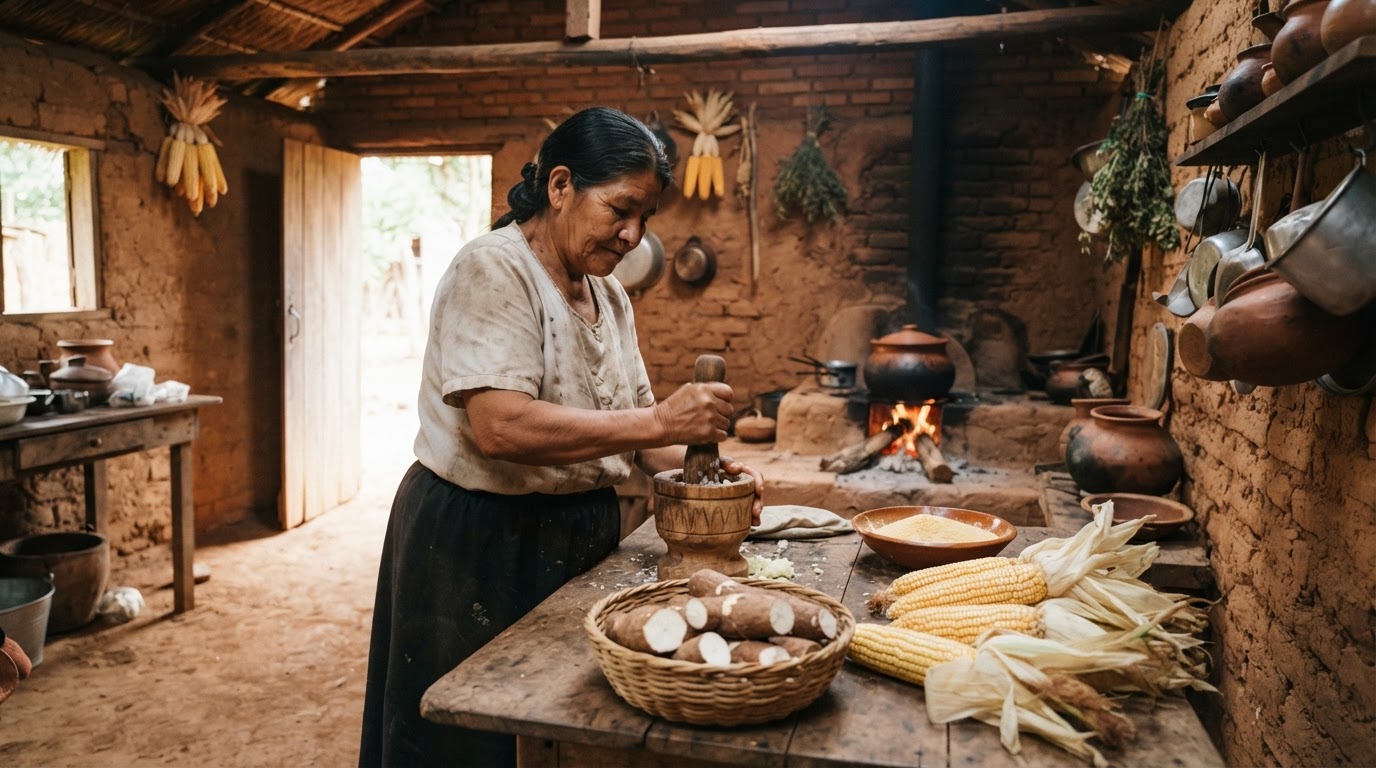 Peteĩ óga guasu pytagua oñembojehe'a tembi'u rehe, mandioka ha z Maize ojeguerekóva.