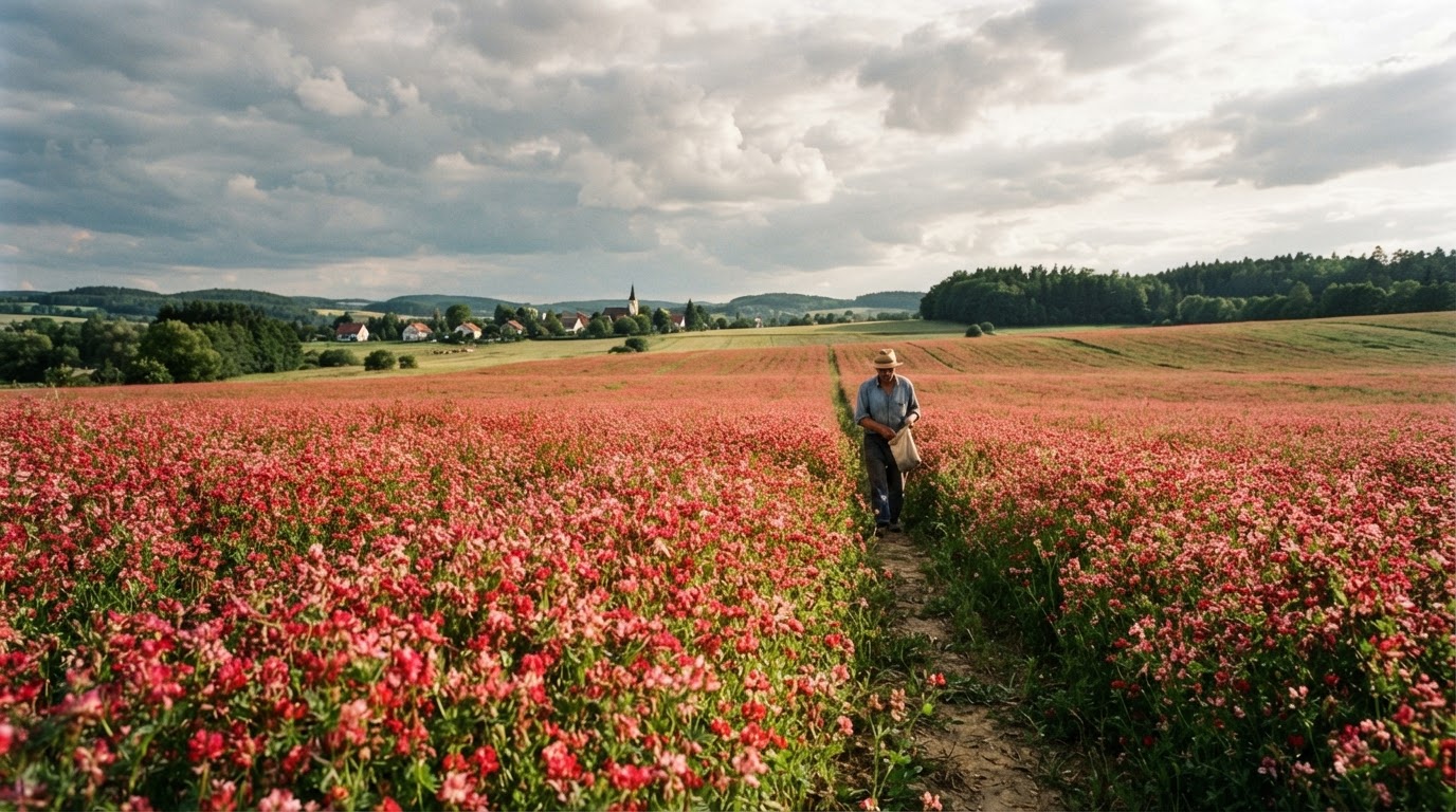 Ein Feld mit roten Linsen in voller Blüte unter einem dramatischen Himmel, das die Fülle der Natur symbolisiert.