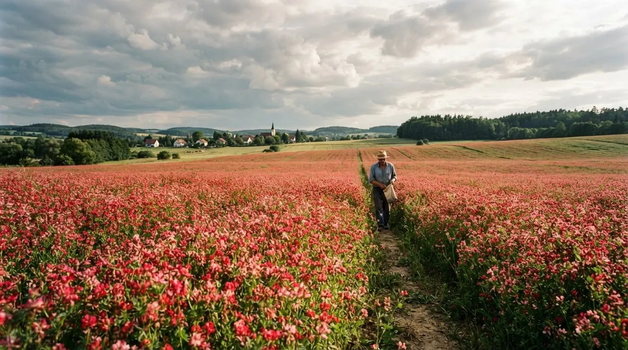 Ein Feld mit roten Linsen in voller Blüte unter einem dramatischen Himmel, das die Fülle der Natur symbolisiert.
