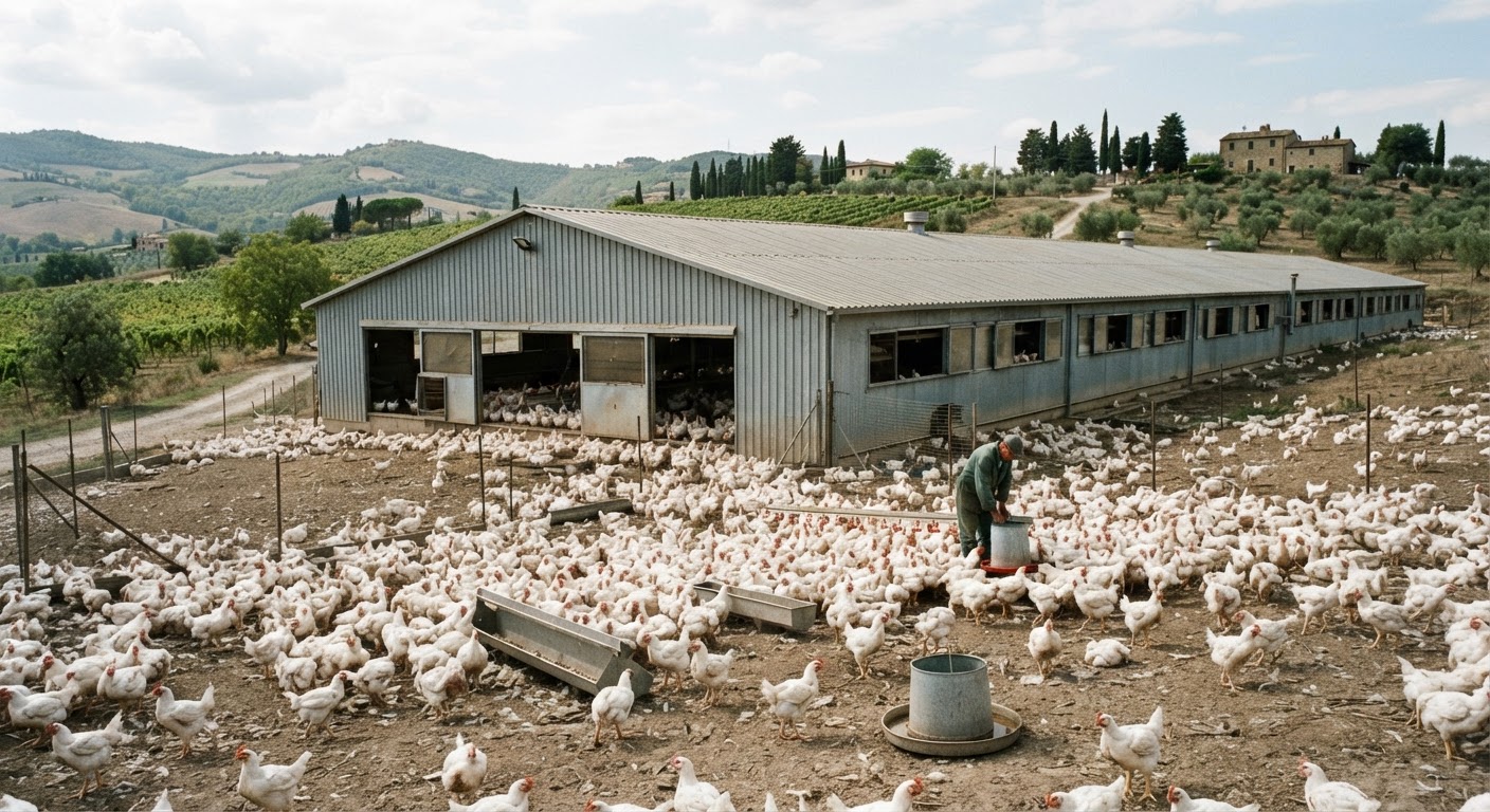 Un pollaio in un paesaggio rurale italiano con galline che razzolano liberamente.