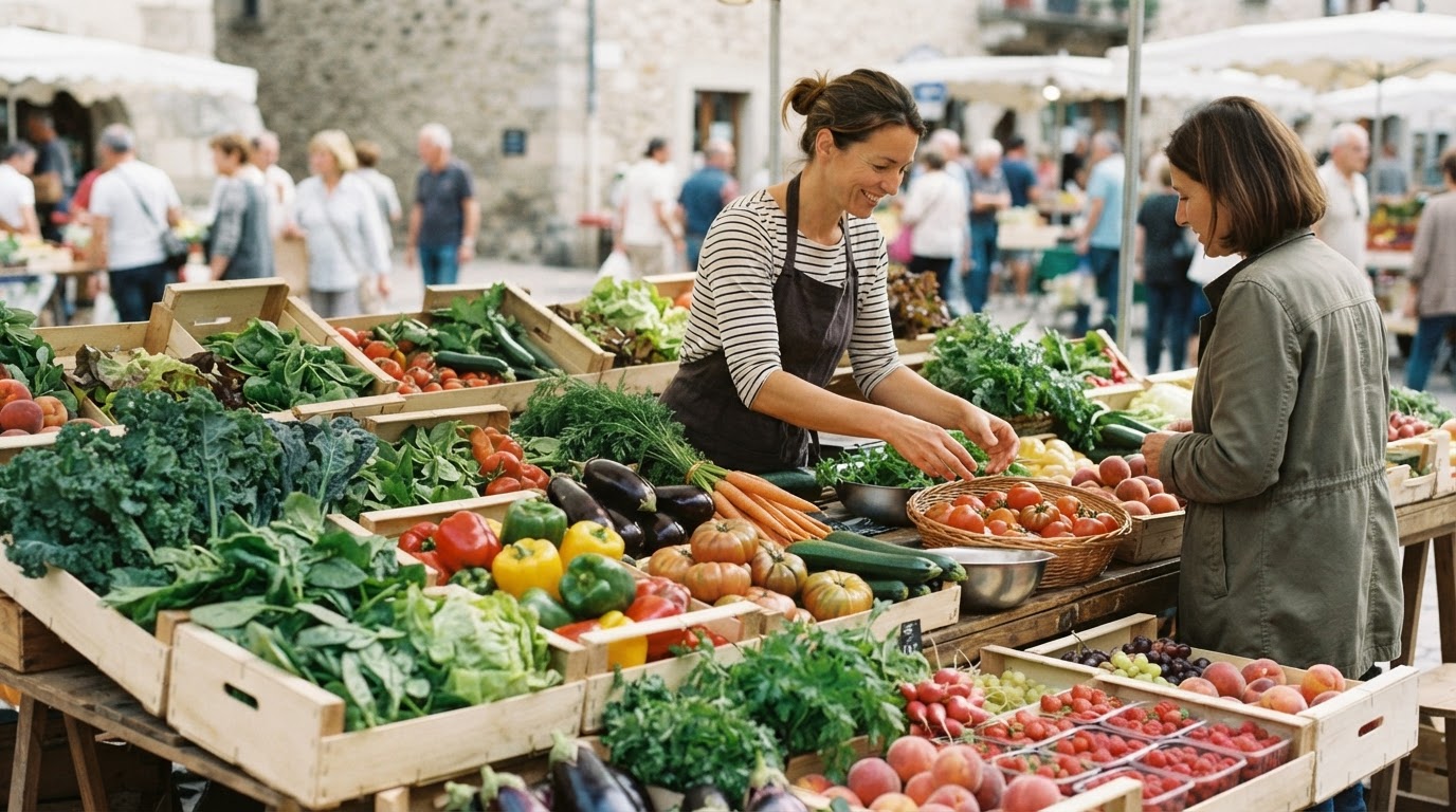 Un étal de marché coloré rempli de légumes et de fruits frais, invitant à une alimentation végétale.