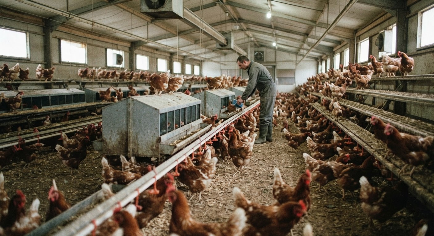 Galline ovaiole in un allevamento a terra, con accesso a posatoi e lettiera.