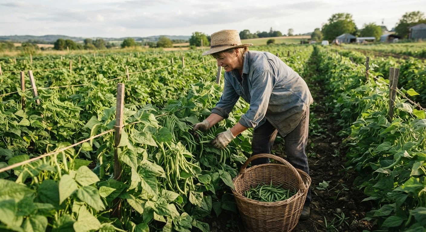 Ein Landwirt erntet frische grüne Bohnen auf einem Feld, ein Symbol für saisonale und regionale Ernährung.