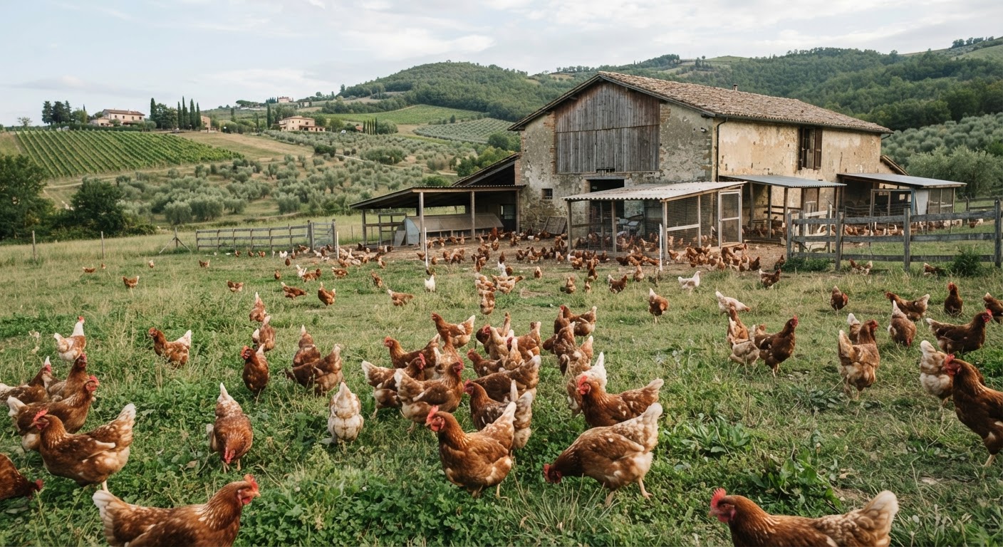 Galline biologiche che razzolano in un prato in Italia, con un fienile sullo sfondo.