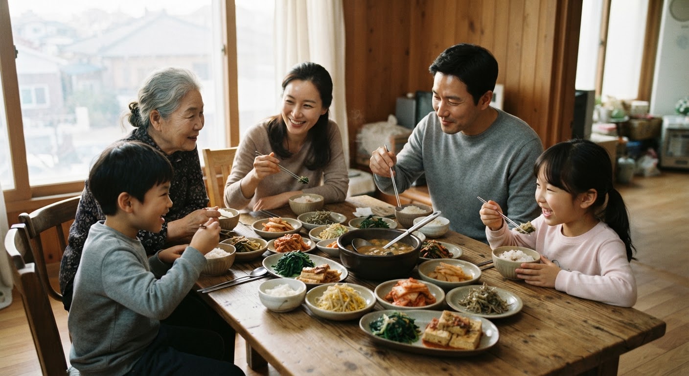 다양한 비건 반찬과 함께 식사하는 한국 가족