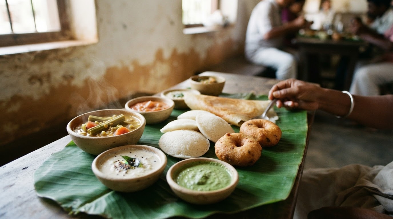 A colourful spread of South Indian breakfast items including idlis, dosas, vadas, sambar, and various chutneys arranged on banana leaves.