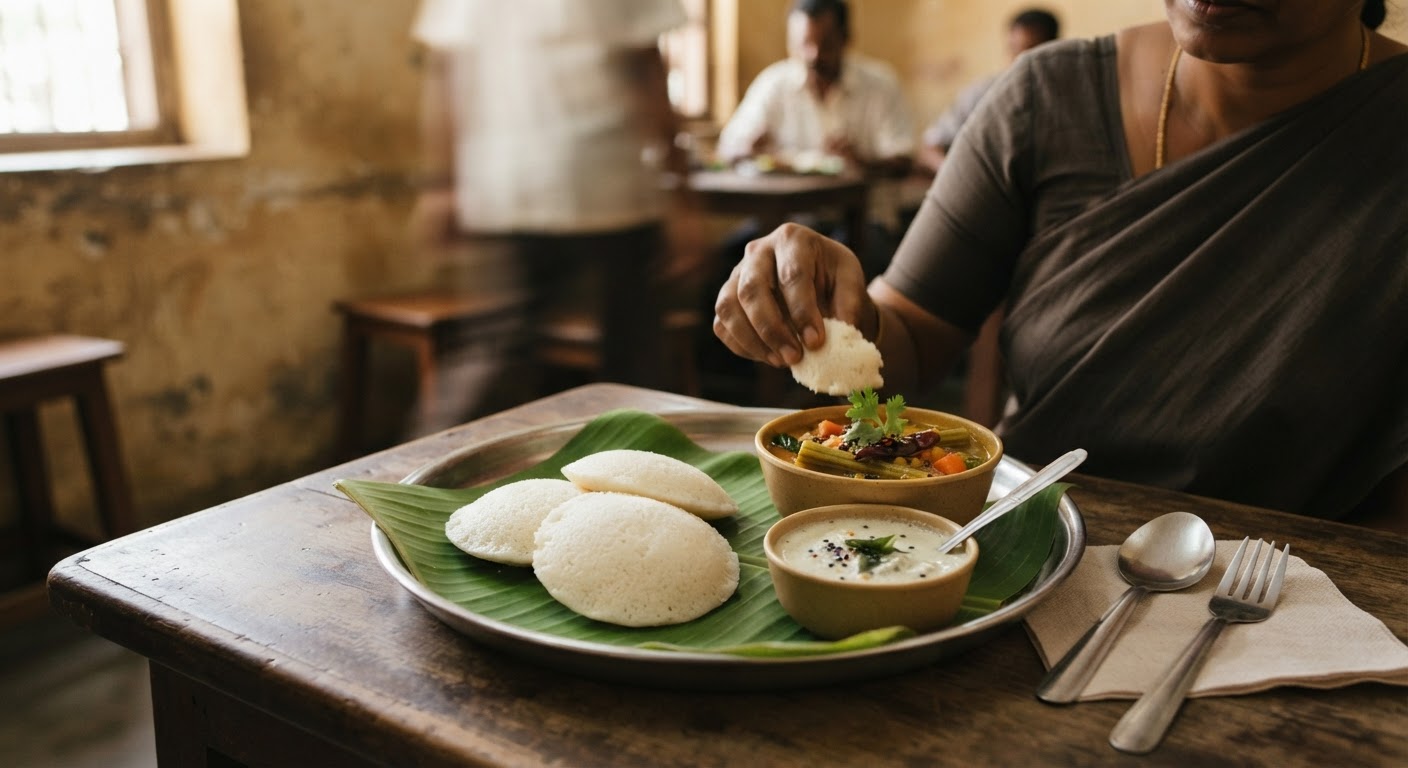 Steamed idlis, a staple South Indian vegan breakfast, served with traditional accompaniments.