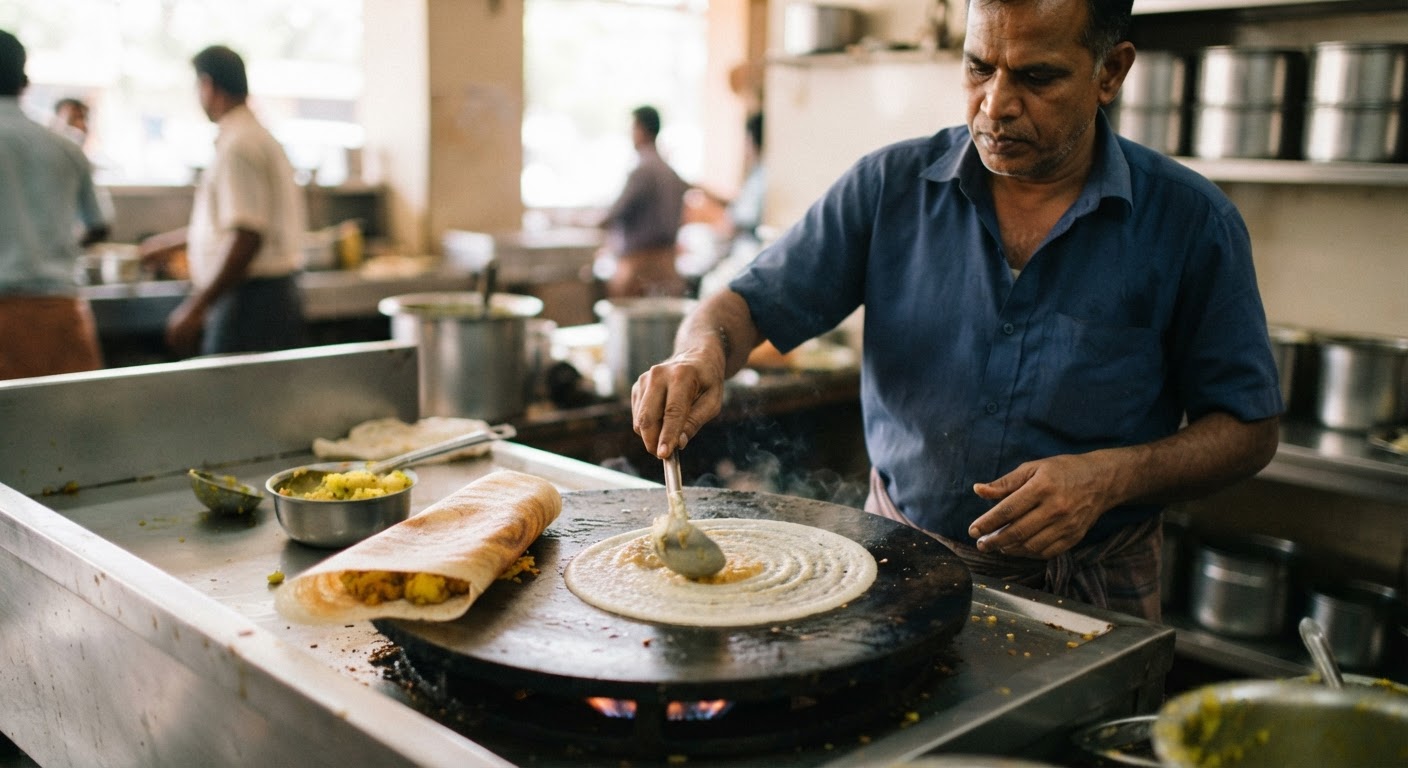 A thin, crispy masala dosa, a popular South Indian breakfast, cooked on a hot griddle.