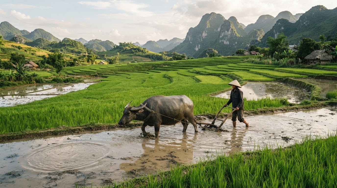 Cánh đồng lúa xanh mướt tại Việt Nam với hình ảnh con trâu đang làm việc