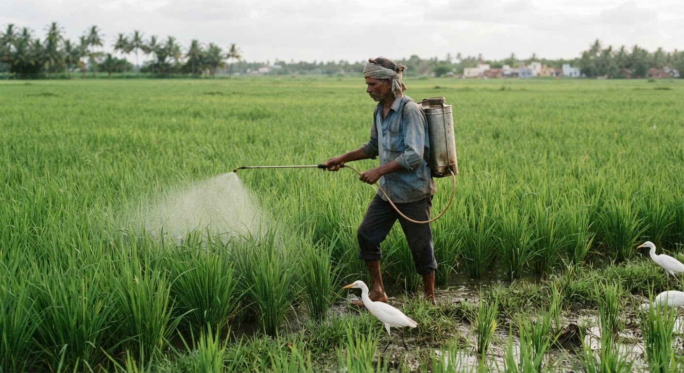 நவீன விவசாய முறைகளில் பூச்சிக்கொல்லிகளின் அதிகப்படியான பயன்பாடு, பறவைகளின் வாழ்வாதாரத்தைப் பாதிக்கிறது.