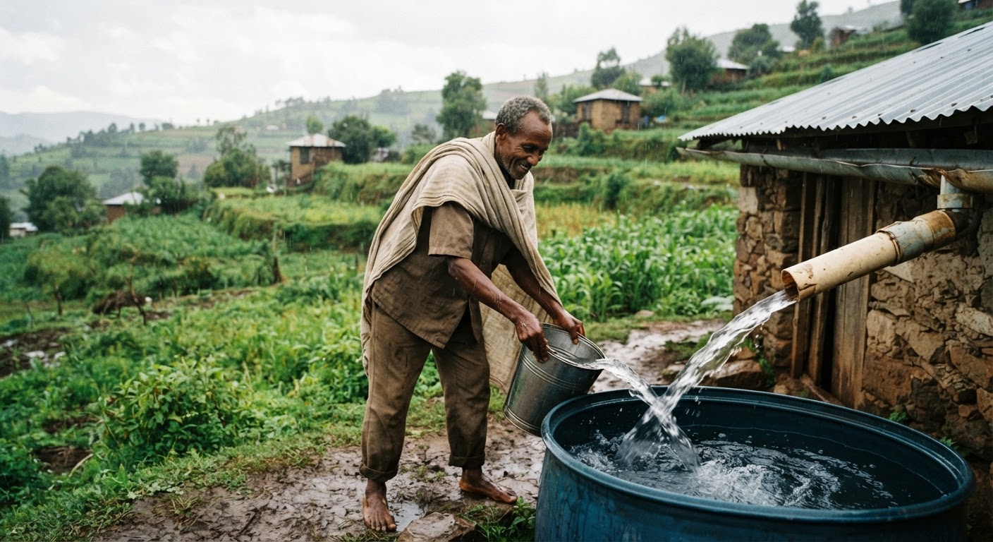 በኢትዮጵያ የዝናብ ውሃን በመሰብሰብ ለግብርና የሚጠቀሙ አርሶ አደሮች።