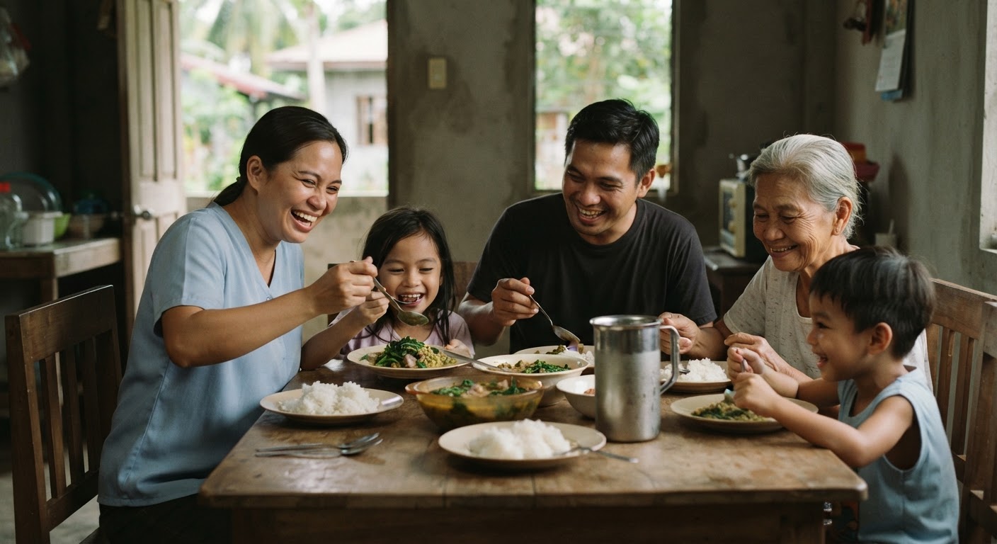 Isang pamilyang Pilipino na masayang kumakain ng ginisang munggo.