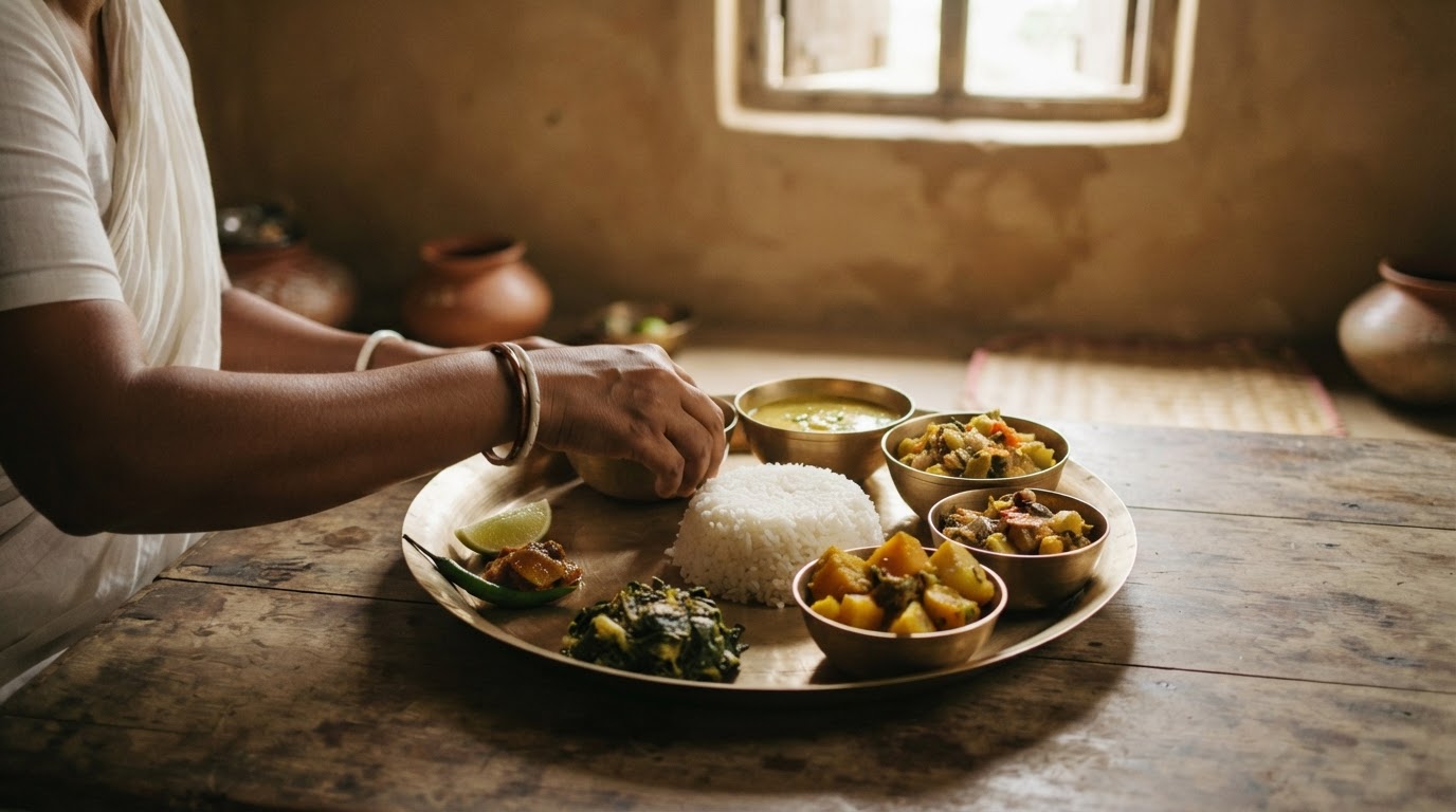 একটি রঙিন বাঙালি নিরামিষ থালি, যেখানে ভাত, ডাল, সবজি এবং আচার পরিবেশিত হয়েছে।