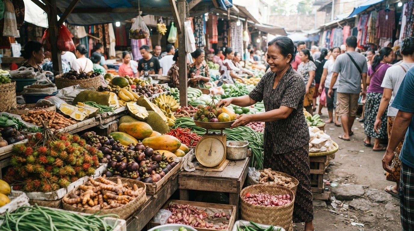 Stan pasar Indonesia yang ramai dengan berbagai macam buah-buahan tropis segar, sayuran, dan rempah-rempah.