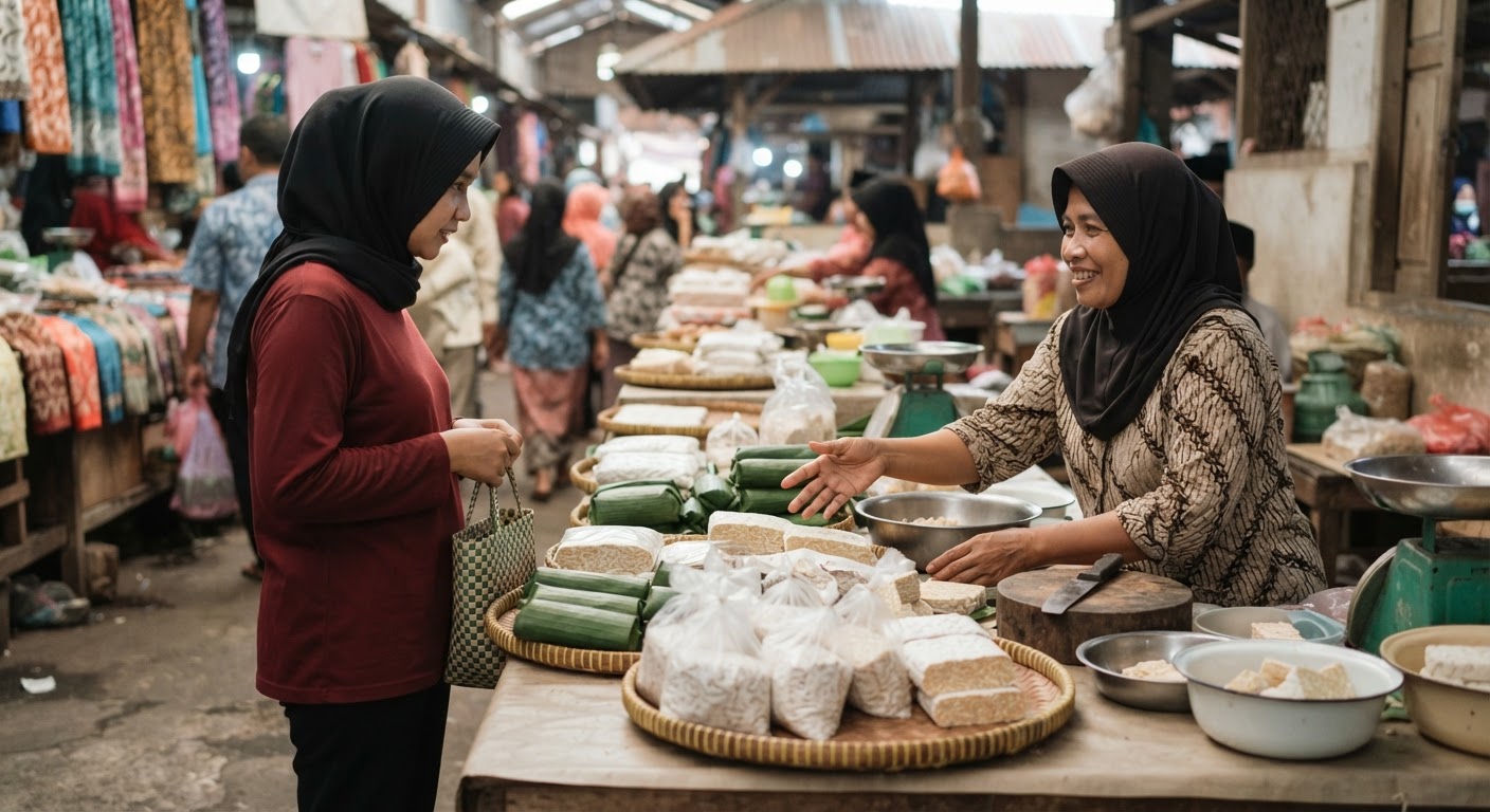 Penjual tempe menawarkan berbagai jenis tempe segar di pasar tradisional.