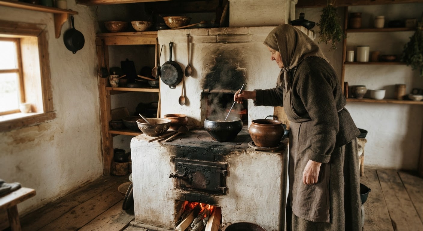 Традиционная русская кухня: очаг и посуда, где готовилась каша.