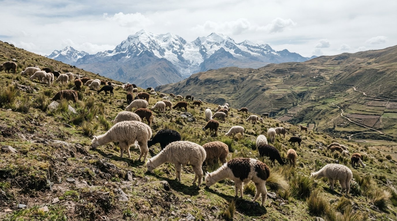 Alpacas pastando en un paisaje montañoso en Perú, mostrando la fauna local.