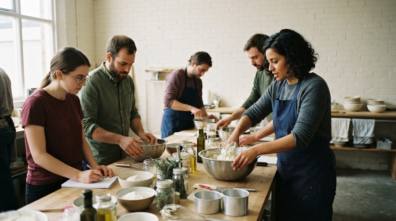 Pessoas a aprender a fazer queijo vegano numa oficina