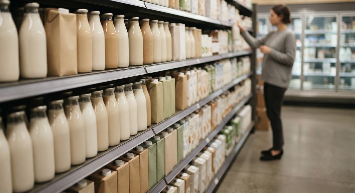 Variedade de bebidas vegetais disponíveis em supermercados.