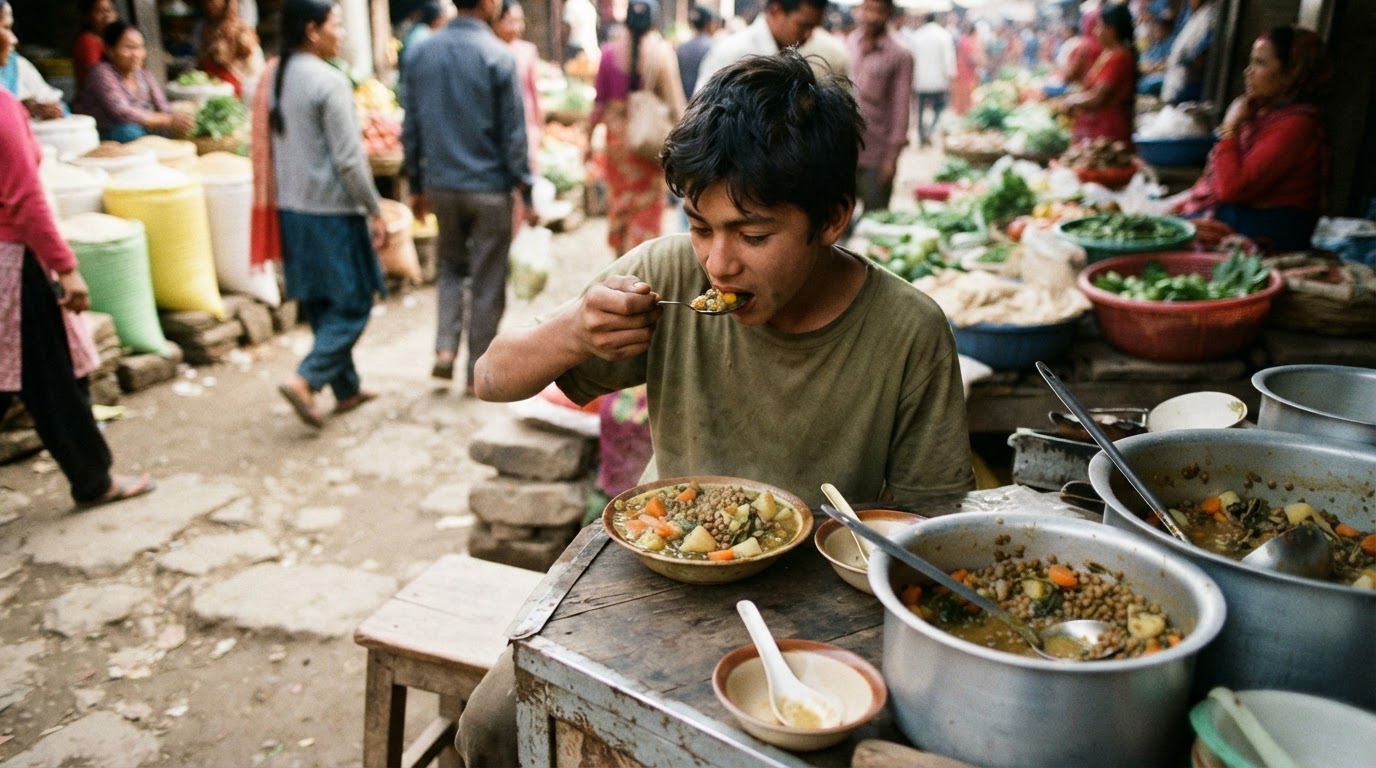 Adolescent mangeant des lentilles et des légumes sur un étal de marché