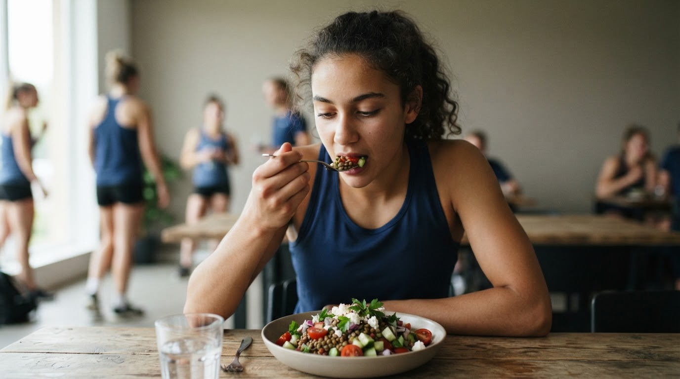 Atleta che mangia un'insalata di lenticchie
