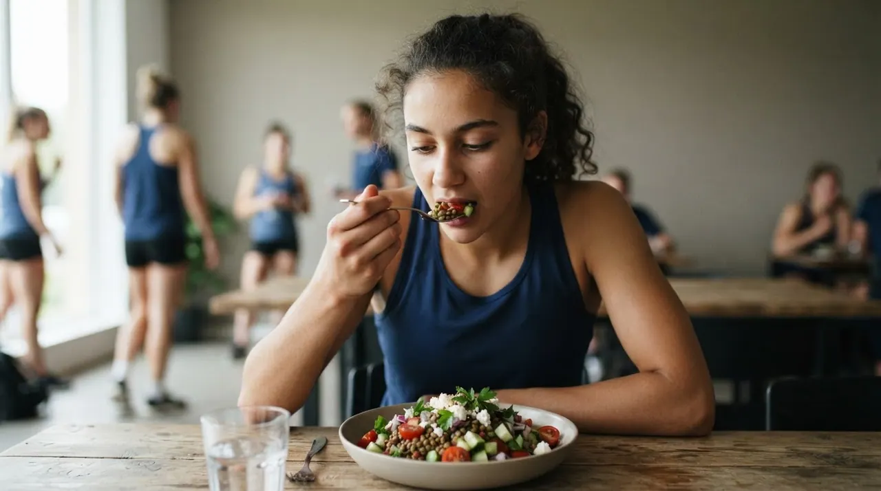 Atleta che mangia un'insalata di lenticchie