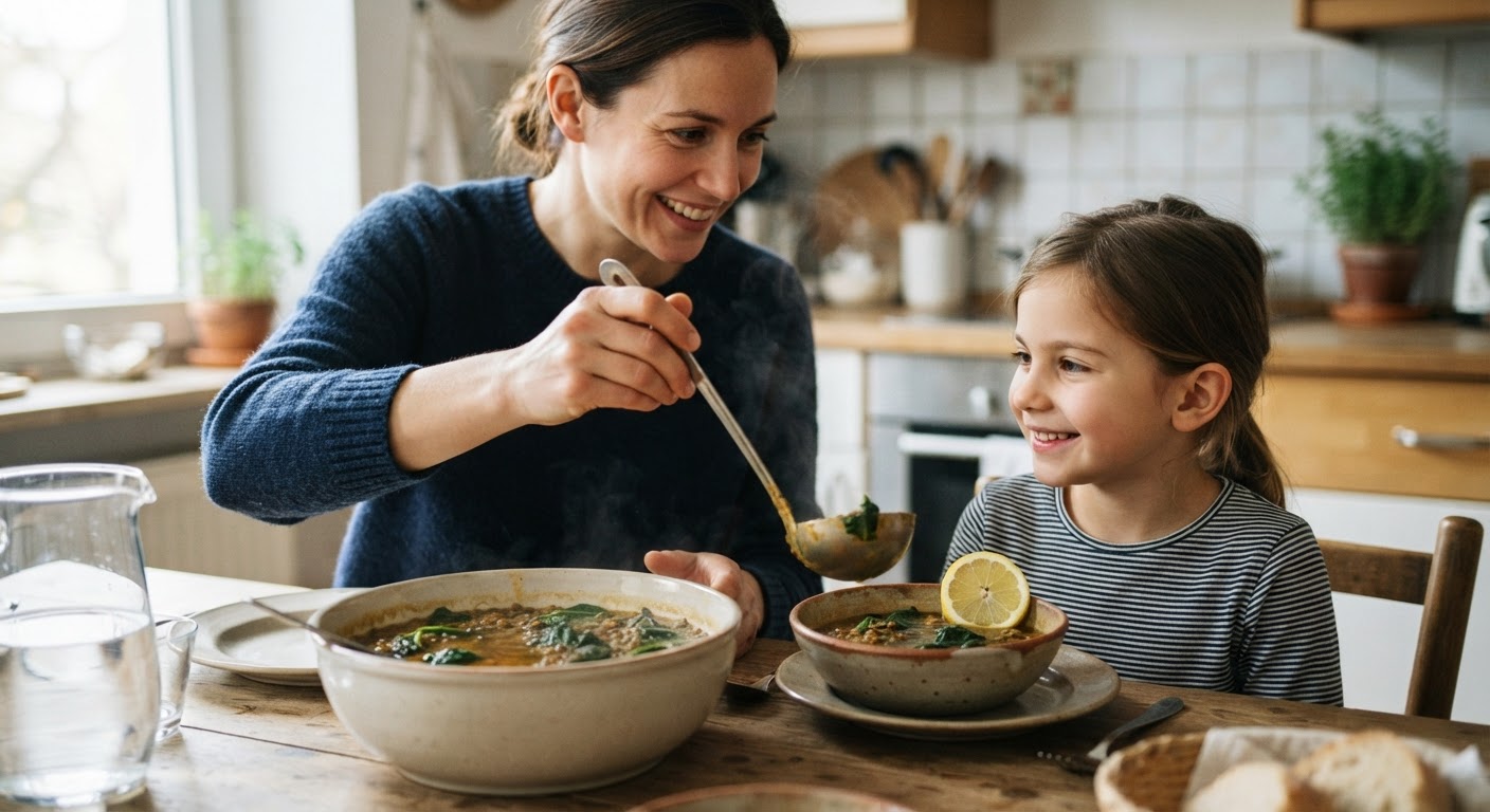 Une soupe de lentilles aux épinards et citron, combinant fer et vitamine C pour une meilleure absorption.