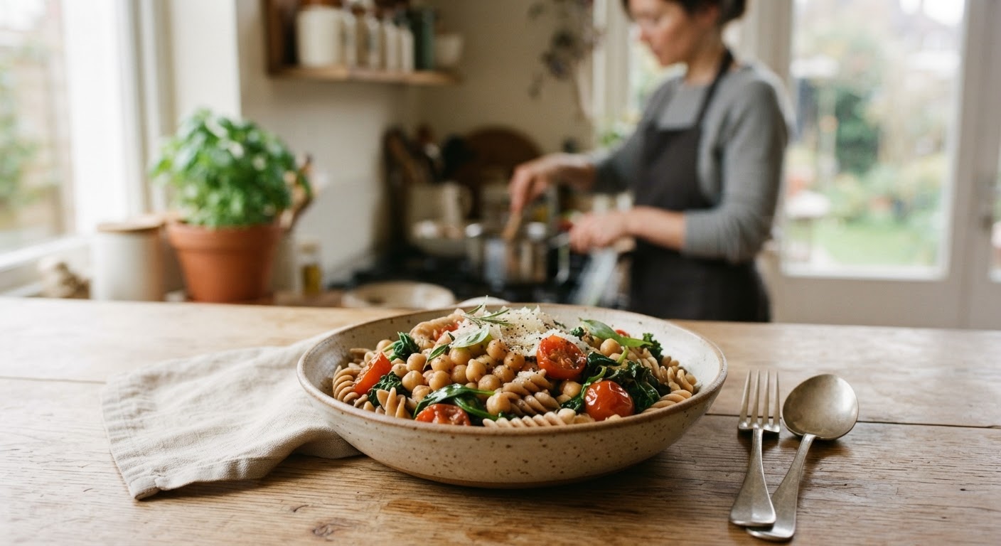 Un piatto di pasta e ceci, un esempio della ricchezza proteica dei legumi nella cucina italiana.
