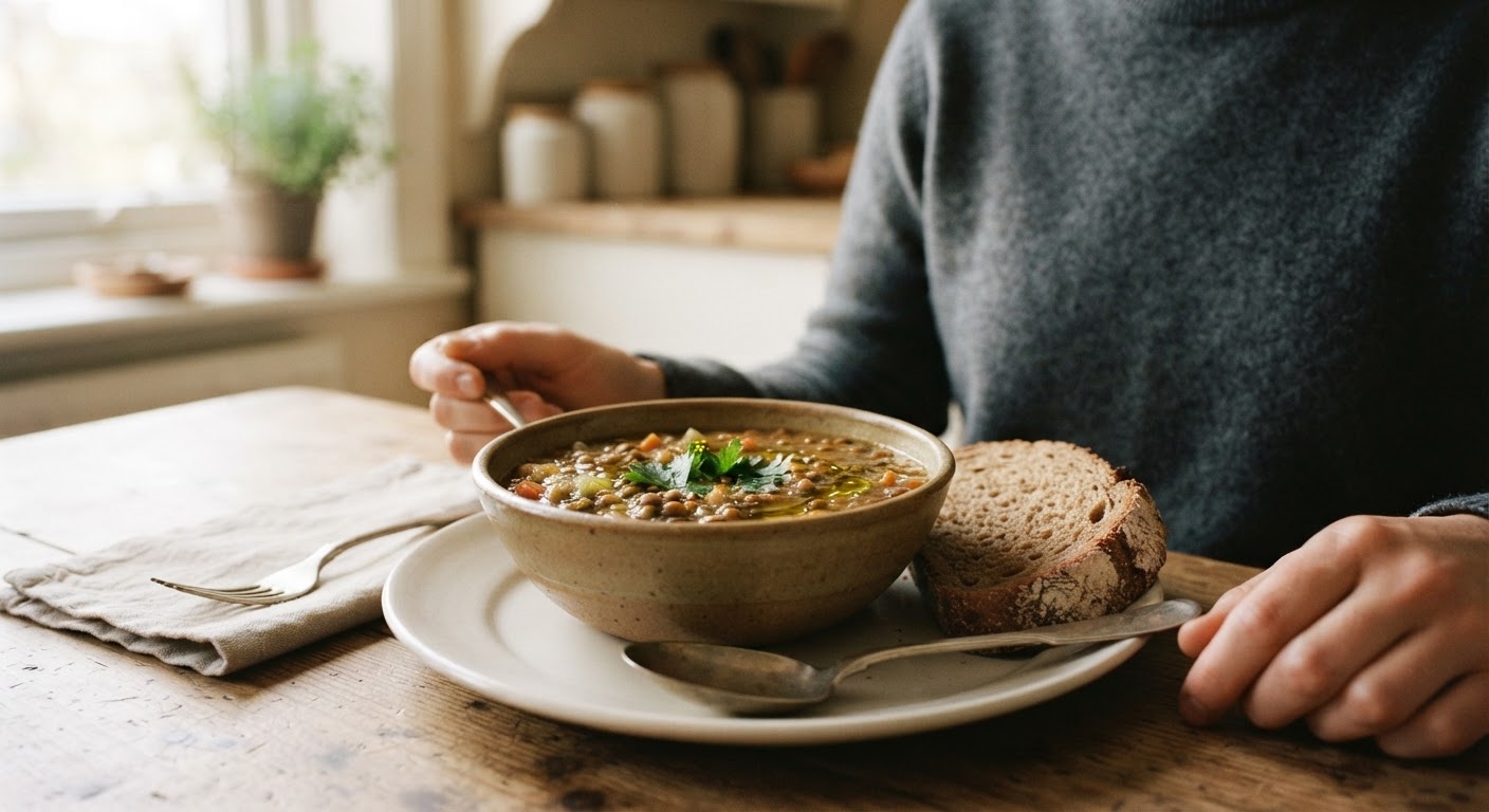 Una ciotola di zuppa di lenticchie con pane integrale, un pasto nutriente ed economico.